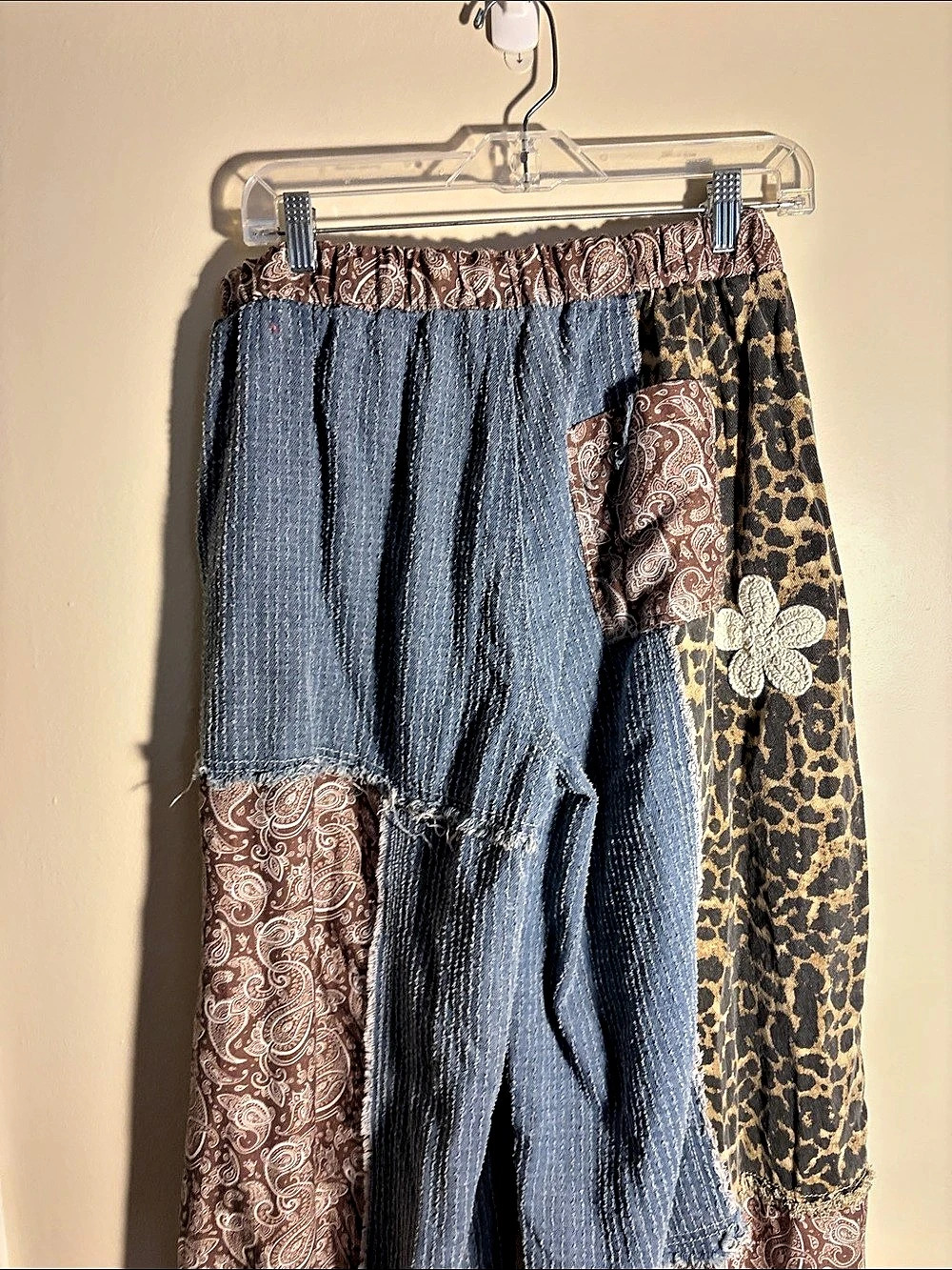 POL Patchwork Harem Jogger Pants in Blue & Brown Size Medium